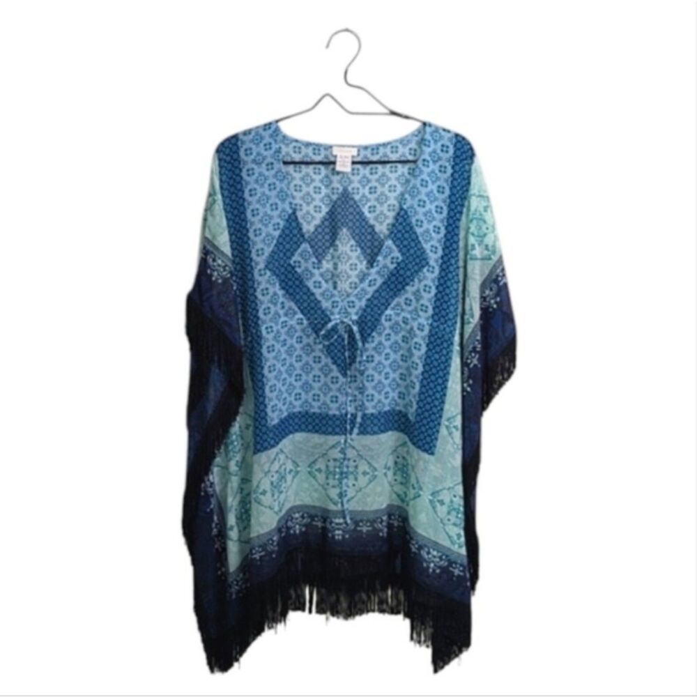 Chico's Semi-Sheer Poncho Kaftan Tunic Top Swim Cover-Up Size S/M Blue Fringe